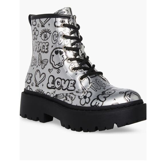 Steve Madden JDrina Graffiti Print Silver & Black Combat Boot Sz 13 - Picture 1 of 5